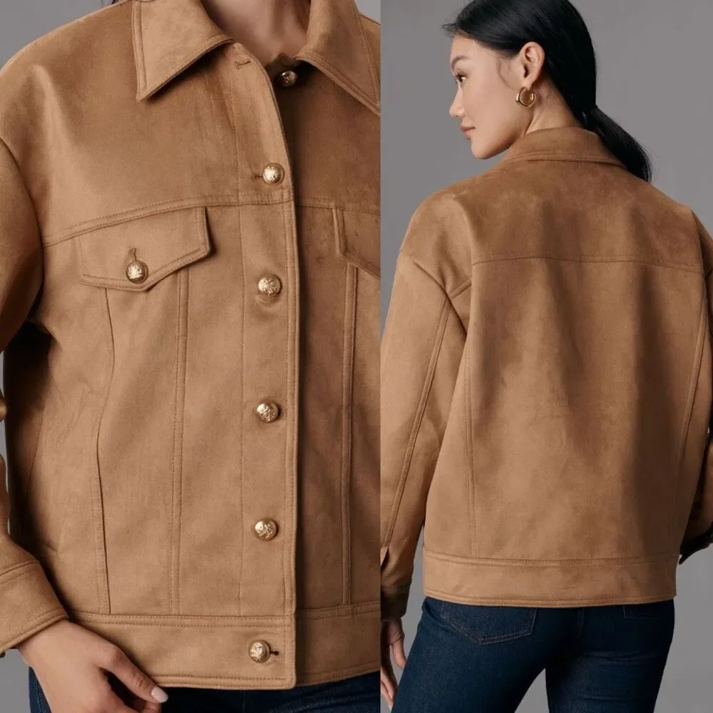 Maeve Faux Suede Trucker Jacket Camel Brown Size M Anthropologie - Picture 7 of 12